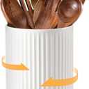 DOWAN 360 Rotating Extra Large Cooking Utensil Holder, 7.6" Kitchen Utensil Holder for Countertop, Utensil Crock for Farmhouse Kitchen Decor, Ceramic Stable Utensil Caddy, White Stripes