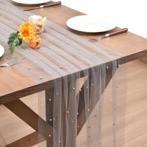 Gray Pearl Table Runner Boho Rustic Tulle Lace Spring Easter Table Runner for Baby Shower Wedding Arch Decor Veil Dessert Table Decor 3pcs (10ft x 3pcs, Grey)