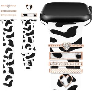 Printed Watch Band with Charms Compatible with Apple Watch 38mm 40mm 41mm 42mm 44mm 45mm 49mm,Print Soft Silicone Band & Decorative Ring Loops for iWatch Series 7 6 5 4 3 2 1