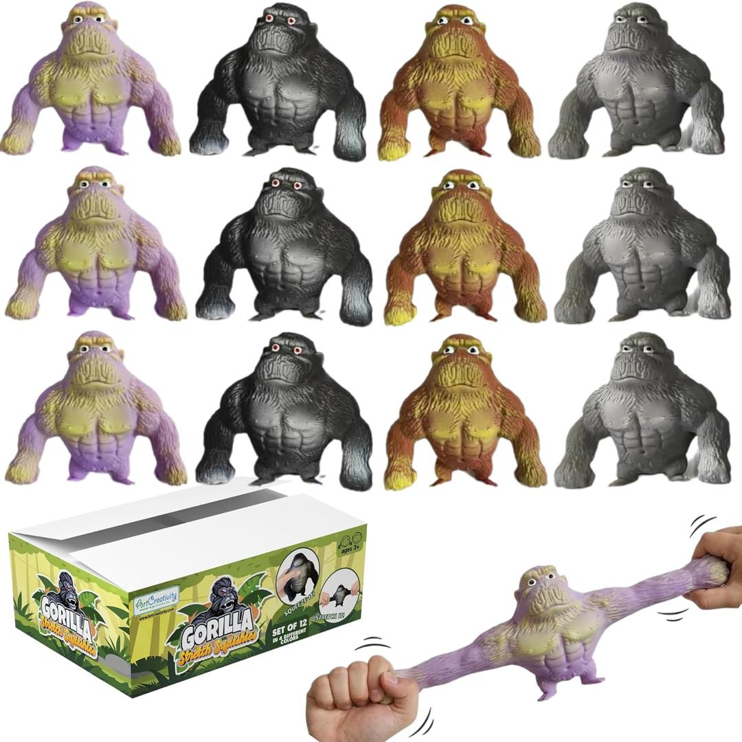ArtCreativity 12 PK Full-Size Stretchy Gorilla Toys - Squishy Monkey Gorilla Fidget Toys in 4 Colors - 5"x4.25" - Arms Extend Up to 3 Feet - Animal Sensory Fidget Party Favors for Kids