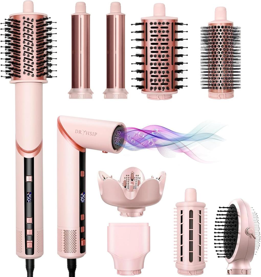 9 in 1 Hot Air Styler Wrap - 110,000 RPM High-Speed Hair Dryer Brush, Negative Ionic Foldable Blow Dryer Brush for Fast Drying, Curling, Volumizing - Multi Stylers Tool, Holiday Gift for Women (Pink)
