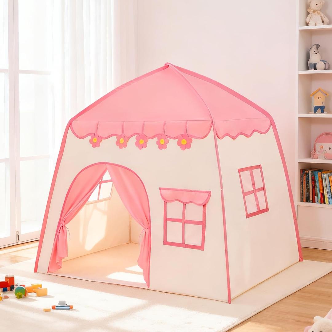 Flower Kids Play Tent, Children Indoor Castle Playhouse for Girls, Toddlers, 39" D x 51" W x 51" H, Pink