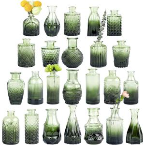 Glass Bud Vase Set of 24, Small Green Flower Vases for Centerpieces in Bulk, Mini Vintage Vase for Wedding Decor, and Home Table Dcor