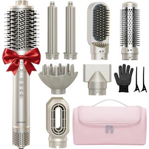 8-in-1 Dual Voltage Hot Air Styler & Hair Dryer Brush with Straightener & Curler Attachments, 110,000 RPM Ionic Fast Drying for Frizz-Free Styling, Includes Travel Bag (Champagne Gold)