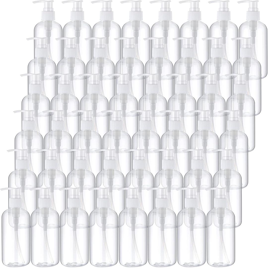 Eaasty 48 Pcs Pump Bottle Lotion Dispenser Refillable Shampoo Conditioner Hand Soap Dispenser Plastic Empty 8oz/250ml Clear Reusable Body Wash Container Bulk (Clear)