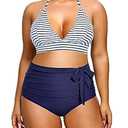 Daci Women Plus Size Two Piece Bikini Halter Swimsuits High Waisted SwimwearTummy Control Bathing Suits Blue Stripe 20w