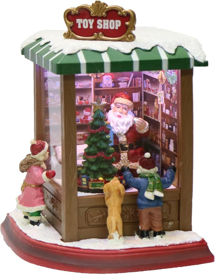Lighted Santas Toy Shop Christmas Village by Moments in Time LED Lights, Music & Animation Battery Operated 8.8 Holiday Building Gift Ready Christmas Decoration (Red)