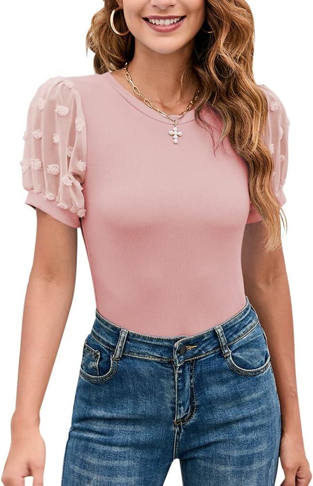 MIRALUNA Women's Round Neck Slimming Swiss Dots Mesh Puff Sleeve Bodysuit Blouse Casual Ribbed Knit Jumpsuit Shirts Tank Tops (Large, 3-pink)