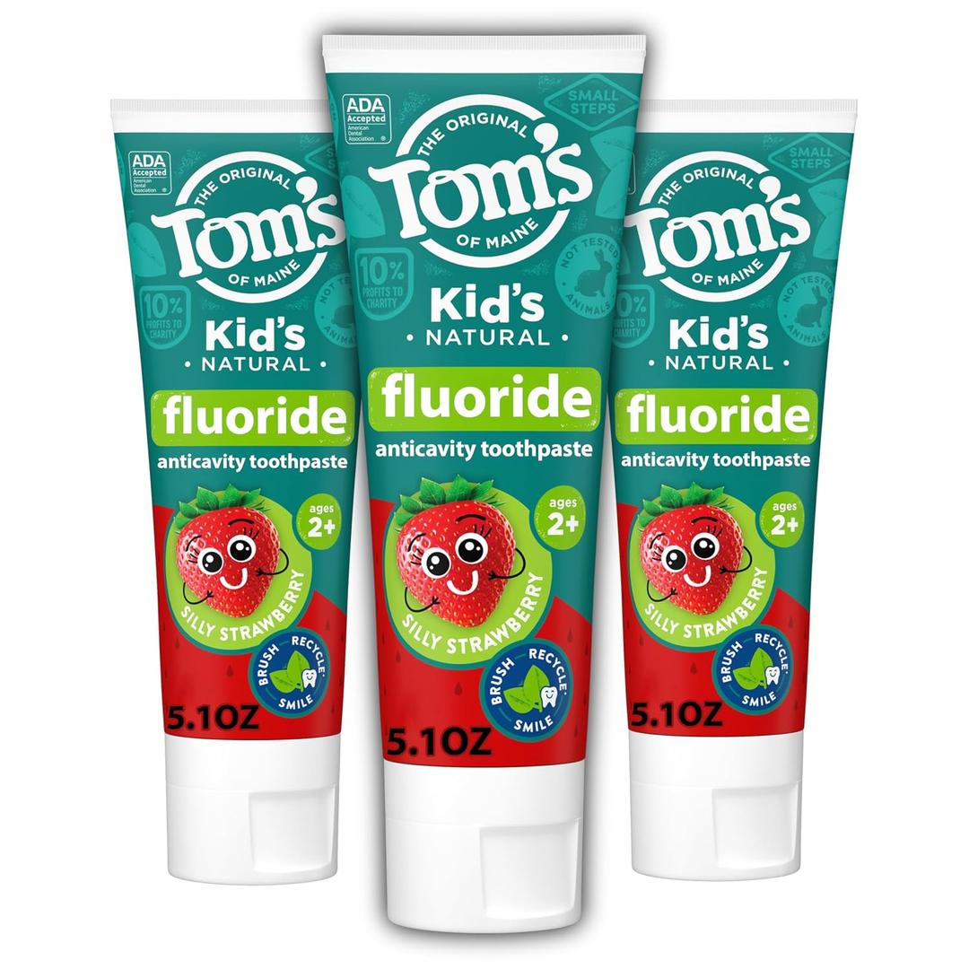 Tom's of Maine Fluoride Kids Toothpaste, Natural Toothpaste, Dye Free, No Artificial Preservatives, Silly Strawberry, 5.1 oz. 3-Pack 