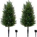 Pair Artificial Cedar Topiary Christmas Trees, 3ft UV-Resistant Faux Cypress shrubs w/Ground Spikes (Including Lights),Tall Evergreen Decorative Plants for Outdoor & Indoor Porch, Patio, and Garden