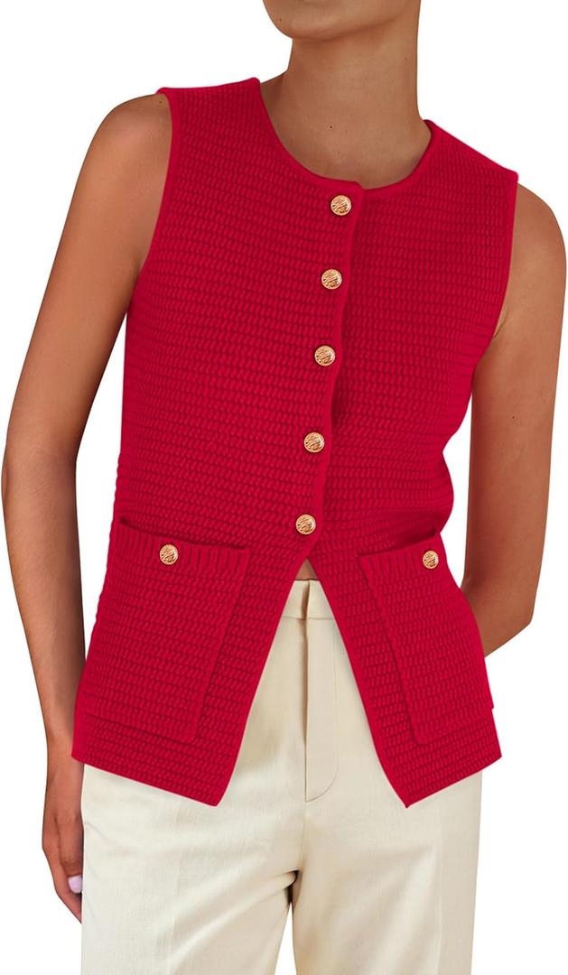 PRETTYGARDEN Women's 2026 Spring Sweater Vest Sleeveless Button Down Knit Cardigan Tank Tops Summer Business Casual Outfits (Red, M)