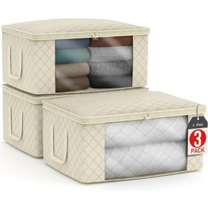 Sorbus Medium Clothes Storage Bags - Foldable Blanket Storage Bins for Organizing Bedroom, Closet, Clothing, Comforter, Organization with Clear Window, Lids and Carry Handles - Set of 3 (3 Pack Large, Beige)