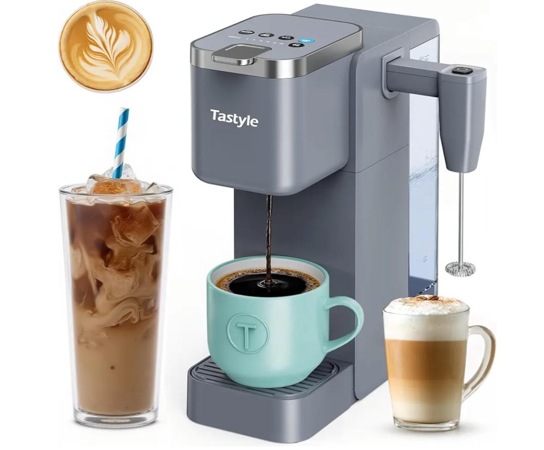Single Serve Coffee Maker with Built-in Detachable Milk Frother, Iced and Hot Coffee Machine for K Cup & Grounds, 40oz Removable Water Reservoir, 6 Cup Sizes, Fits 7.3" Travel Mug, Gray