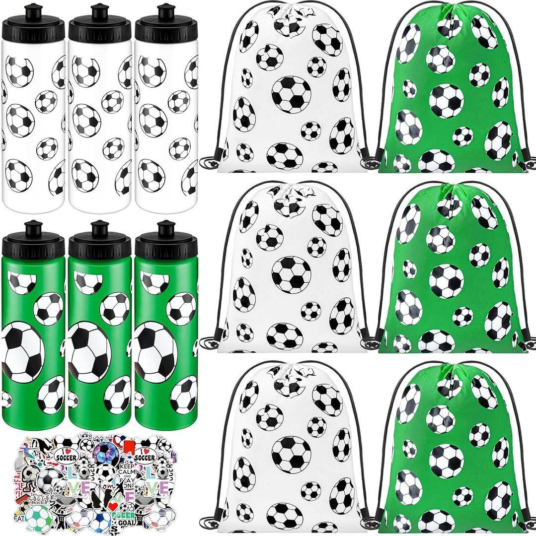 24 Pcs Soccer Water Bottles Drawstring Bag Set with 50 Sticker Soccer Party Favors 12 Reusable Sports Squeeze Water Bottles 20oz 12 Soccer Goodie Gift Bag for Soccer Team Gifts Players Gym