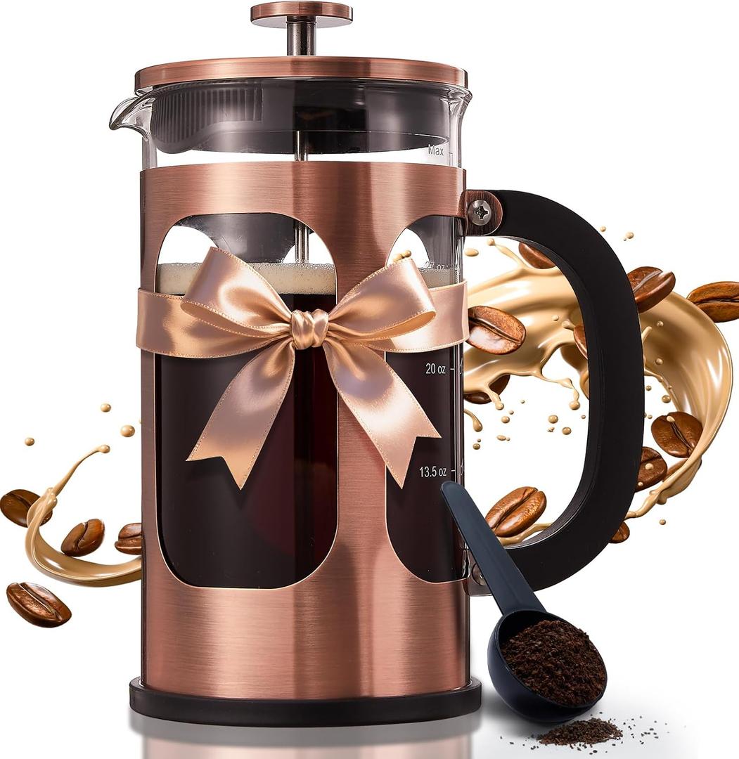 BAYKA 34oz 1 Liter French Press Coffee Maker, Mother's Day Gifts for Mom, Coffee Lover Gift, Heat Resistant Thickened Borosilicate Glass Stainless Steel Brewer, Cold Brew Cafeteria Teapot for Kitchen, Copper