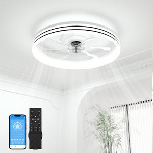 VOLISUN Low Profile Ceiling Fans with Lights and Remote, 20in Flush Mount Ceiling Fan with Light, 3000K-6500K Dimmable Fandelier LED Fan Light, White Bladeless Ceiling Fans with Lights for Bedroom