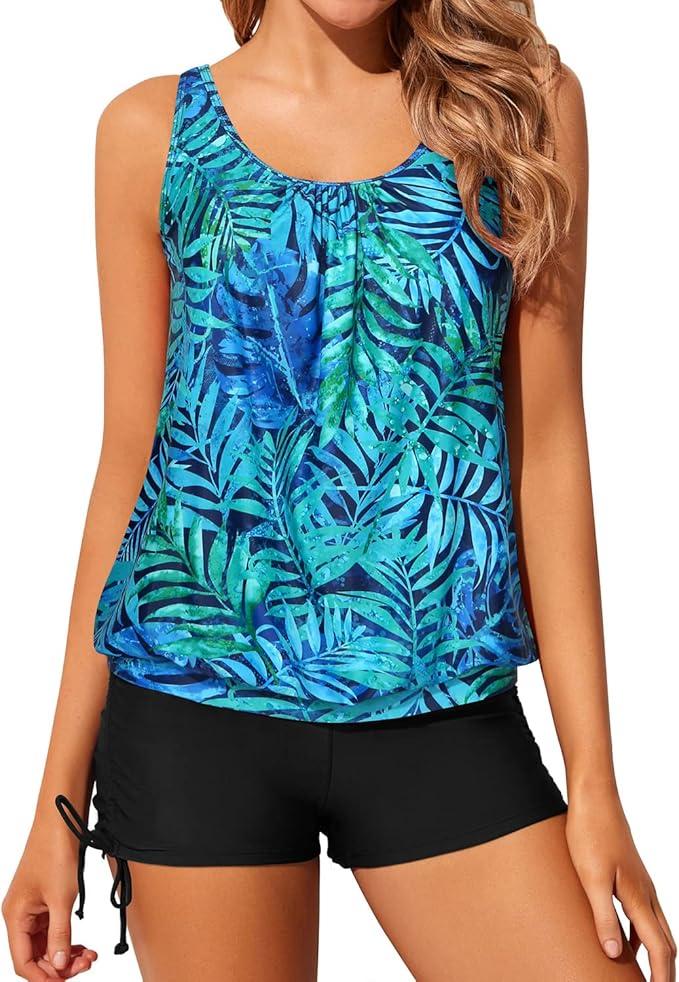 Yonique Blouson Tankini Swimsuits for Women 2 Piece Bathing Suits Tops with Boyshorts Modest Loose Fit Swimwear, XS