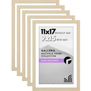 Americanflat 11x17 Picture Frame with Polished Plexiglass - Set of 5 - Use as 9x15 Frame with Mat or Display 11x17 Photo Without Mat - Galleria Collection - Picture Frames for Wall - Natural Oak