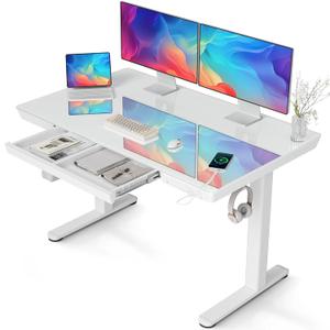 Claiks Glass Standing Desk with Drawers, 4824 Inch Adjustable Stand Up Desk, Quick Install Home Office Computer Desk with USB Ports, White