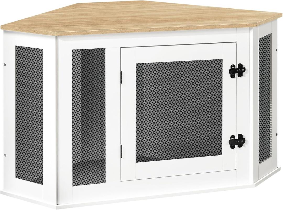 Corner Dog Crate Furniture, Wooden Dog Kennel End Table, Decorative Pet Crate Indoor Use, Furniture Style Dog House for Small Medium Dog, Dog Cage TV Stand, White and Natural DCBN0801