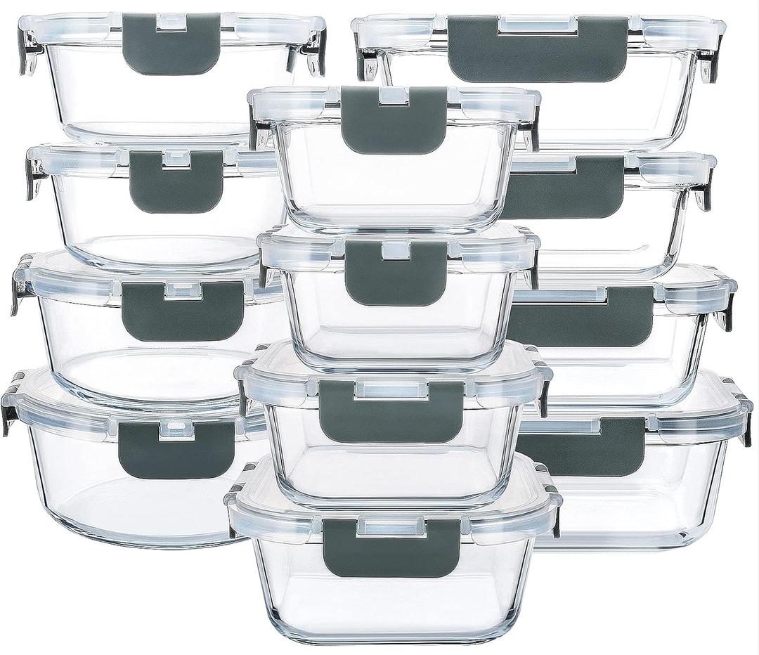 M MCIRCO 24-Piece Glass Food Storage Containers with Upgraded Snap Locking Lids,Glass Meal Prep Containers Set - Airtight Lunch Containers, Microwave, Oven, Freezer and Dishwasher (Gray)