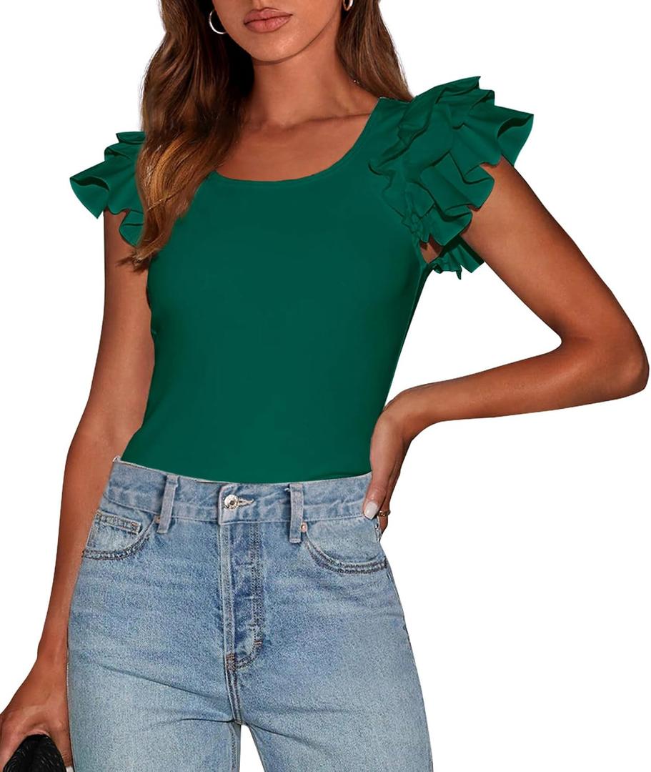 PRETTYGARDEN Women's Ruffle Short Sleeve Shirts 2026 Summer Casual Basic Tee Cute Fitted Crew Neck Fashion Tops Clothes (Green, M)