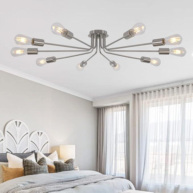 TULUCE Kitchen Lighting Fixture Industrial Flush Mount Ceiling Light Mid Century 10 Light Sputnik Chandelier for Kitchen Dining Room Small Bedroom Living Room Brass Painted Metal Ceiling Lighting