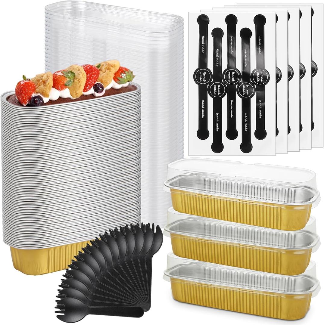 100 Pcs Mini Cake Pans with Lids, 6.8 Oz Mini Loaf Pans with Lids and Spoons, Aluminum Foil Loaf Baking Pan, Disposable Cake Pan with Lid for Cake Bread Muffin Wedding Birthday Party