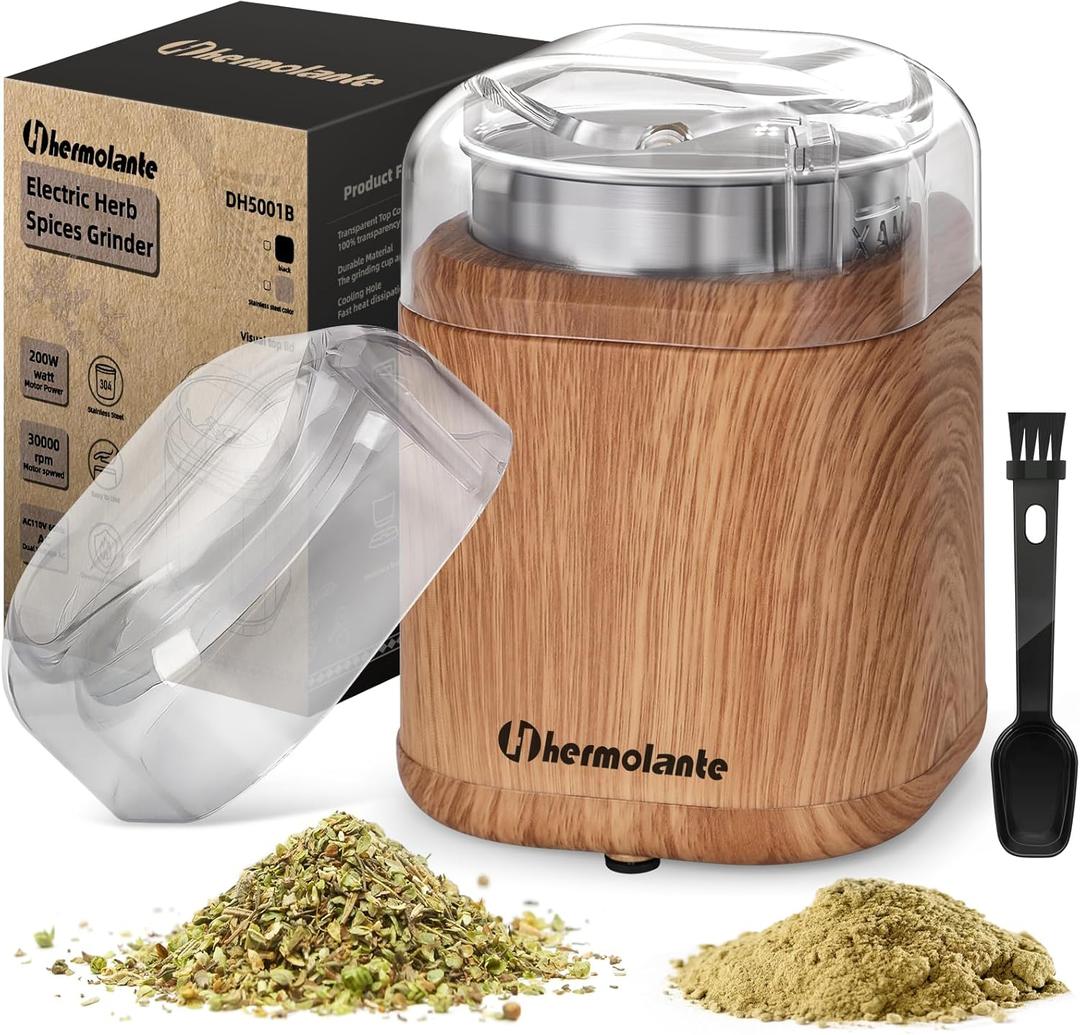 Electric Herb Spice Grinder, 200 w Electric Grinder with Stainless Steel Blade and Cleaning Brush, Compact Size Grinders for Herbs and Spices - 5.11in (Wood Grain)