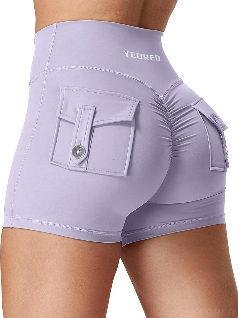 YEOREO CoreFlex Scrunch Workout Shorts with Pockets Charm Gym Biker Shorts for Women High Waisted Booty Yoga (Purple, S)