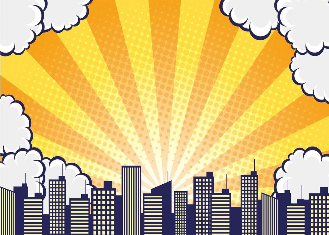 BELECO 7x5ft Fabric Super City Backdrop for Superhero Photoshoot Comic Cartoon Skyline Buildings Skyscraper Cityscape Background for Superhero Party Decorations Birthday Banner Kids Photo Studio Prop (A12246)