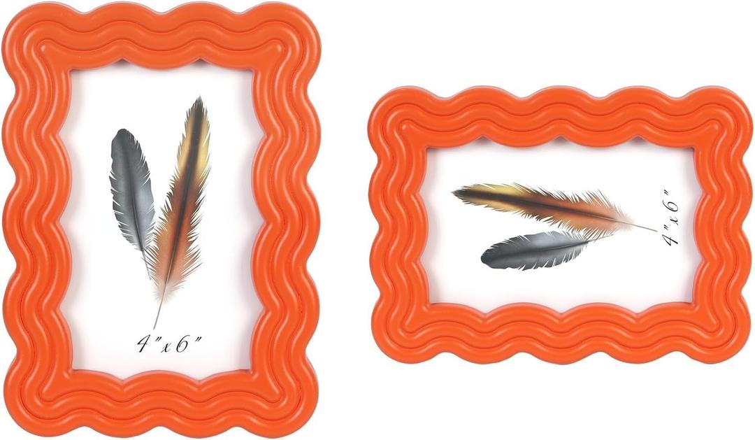 4x6 Picture Frame, Display Pictures 4x6 with Mat, Wavy Edge Wood Photo Frame for Tabletop and Wall Hanging, with Clear Plexiglass for Vertical or Horizontal Display, Orange, 1 Pack