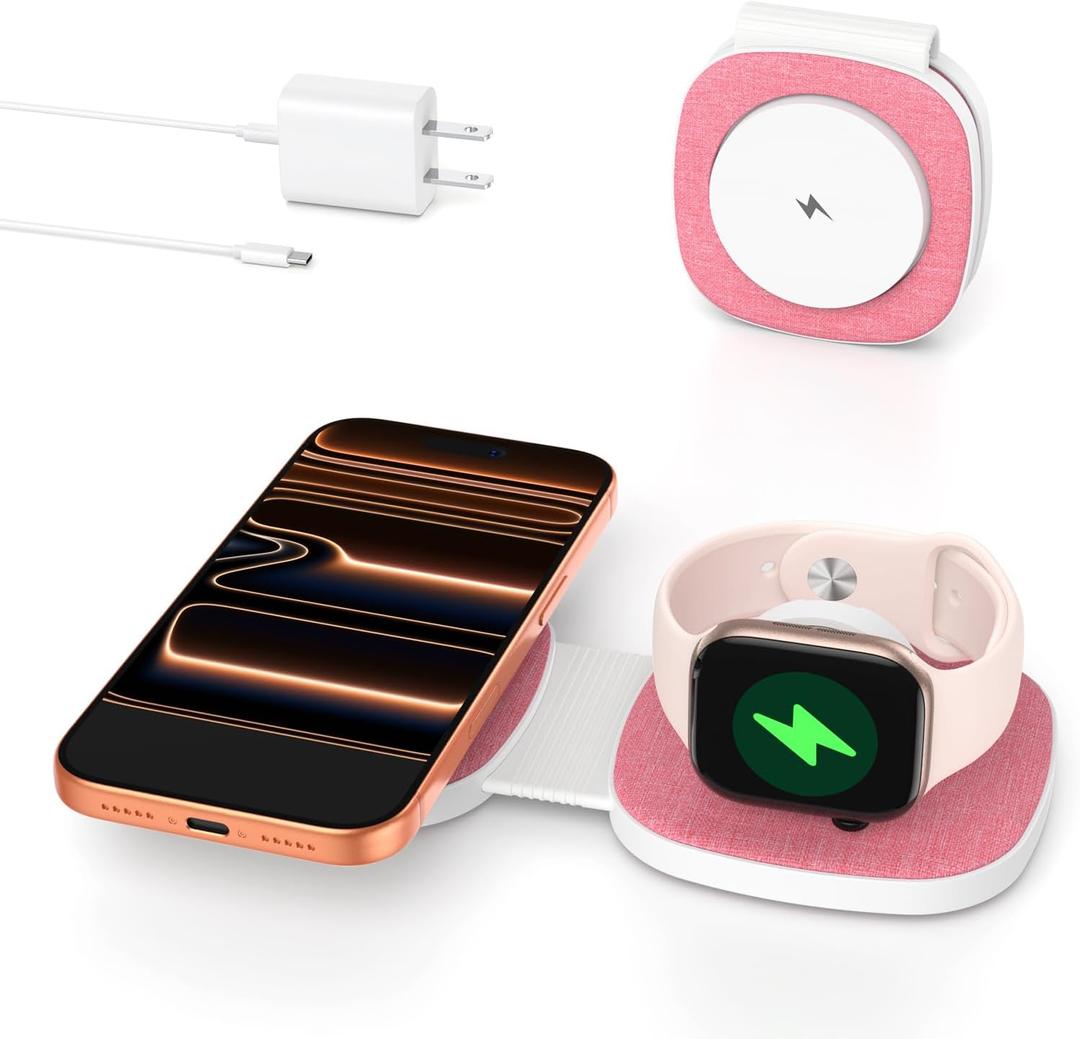 Charging Station for Apple Multiple Devices2 in 1 Foldable Wireless Charger for Magnetic Wireless Charger Station Travel Charging Pad for Apple iPhone 17 16 15 14 13 12 Series& Apple Watch& Airpods (Pink)