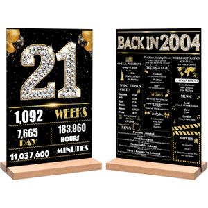 21st Birthday Party Decorations for Women Men, Black Gold Back in 2004 Birthday Decor Poster Acrylic Table Sign, 21st Birthday Party Supplies, Double-Sided
