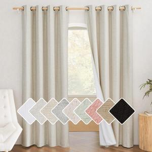 NICETOWN Natural 100% Blackout Linen Curtains 84 inch Long Burg for Living Room, 2 Panels, 52" Wide, Farmhouse Thick Completely Blackout Window Treatment Thermal Insulated Warm Drapes for Winter