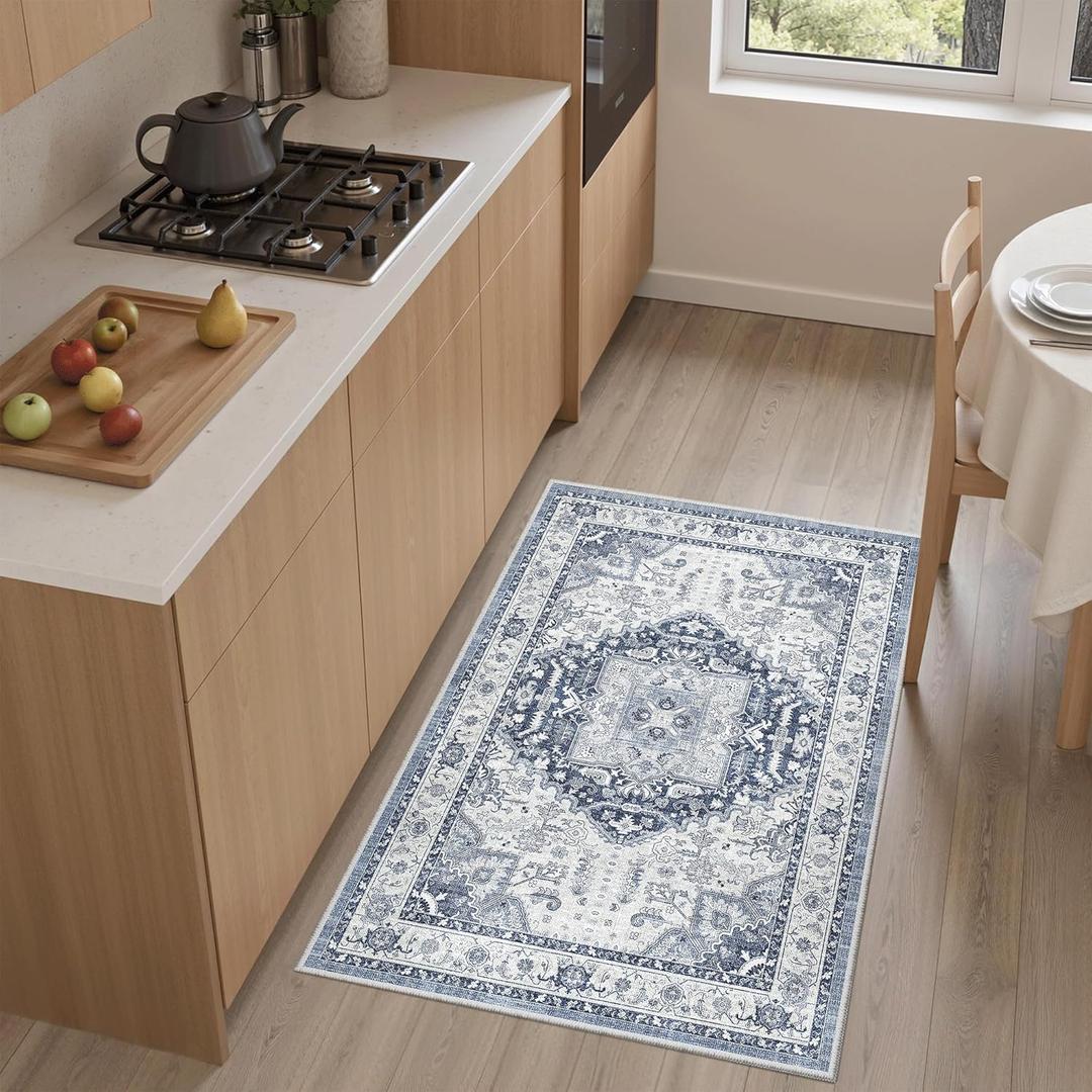 Madane Washable Area Rug 2x3, Small Entryway Rug Non-Slip Vintage Door Mat Indoor Entrance, Low Pile Floor Carpet for Inside Front Door Bedroom Kitchen Entry Laundry (2'x3', Navy/White)