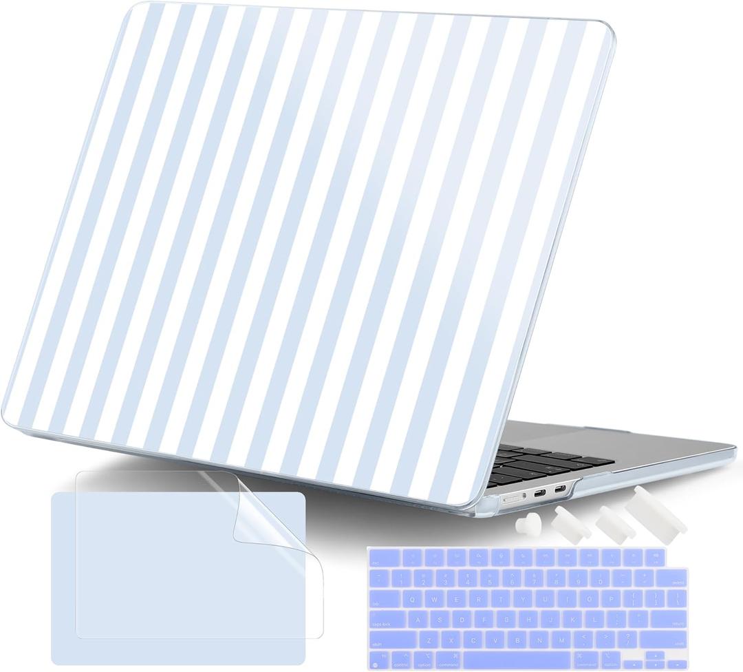 MacBook Air 13 Inch (13.6 Inch) Case, M5/M4/M3/M2 Chip 2026 2025 2024 2023 2022, Hard Plastic Printed Cover with Screen Protector & Keyboard Cover & Dust Plugs, Blue & White Stripes
