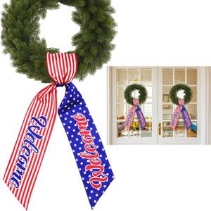 2 x 2 Pcs 56.3" x 4.3" Patriotic Wreath Sash for Front Door 4th of July 250th Anniversary Wreath Sash Garland Ribbon Independence Day Memorial Accessories for Yard Outdoor Indoor Home(Welcome)