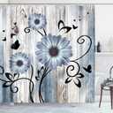 Emvency Shower Curtain Blue Grey Floral Rustic Farmhouse Wooden Boards Flower Butterfly Bathroom Home Decor Waterproof Polyester Fabric 72 x 72 inches Set with Hooks