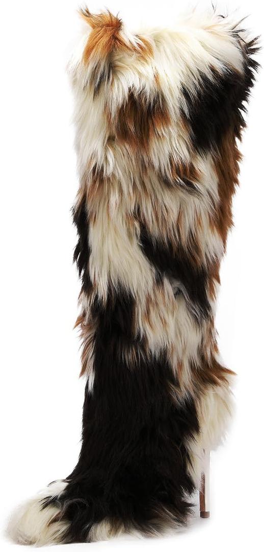 FancyQueen Faux Fur Boots for Women Knee High Furry Heel Boots Fashion Pointed Toe Snow Winter Boot Warm Women Boot (8, White)