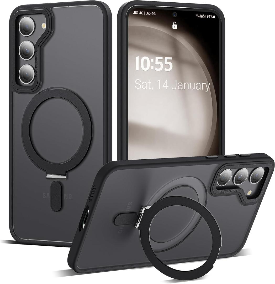 for Samsung Galaxy S24 Case with Magnetic Invisible Ring Stand, Compatible with MagSafe, Military Drop Protection Translucent Matte S24 Phone Case for Men and Women, Black
