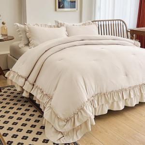 AIKASY Camel Ruffle Comforter Twin, 3 Pieces Vintage Ruffle Fringe Comforter, Farmhouse Rustic Microfiber Down Alternative Bedding Comforter Set (1 Comforter + 2 Pillow Shams)