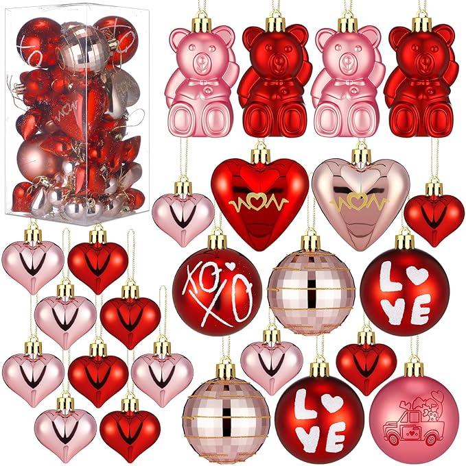 Realspring 40 Pcs Valentine's Day Ornaments Heart Bear Ball Tree Decorations 1.2/2.4/3.4 Inch Red Pink Gold Ornament Valentines Day Decorations for Christmas Tree Party Wedding Anniversary Decor