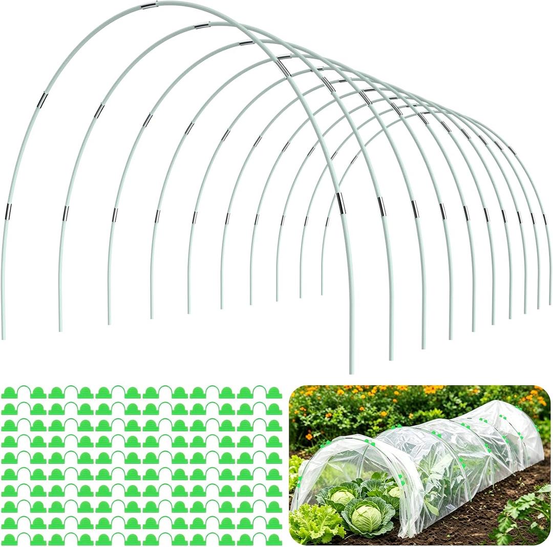 60pcs Greenhouse Hoops for Raised Beds, Splinter-Free Fiberglass Garden Hoops Grow Tunnel Wide, 8 FT Heavy-Duty Plant Support Hoops with Flush Connectors & 40pcs Clips for Netting Row Cover