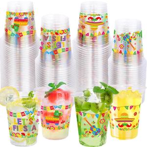 WorldBazaar 100 Pack Fiesta Plastic Cups 12oz Cinco De Mayo Disposable Party Cups for Mexican Taco Birthday Summer BBQ Party Decorations