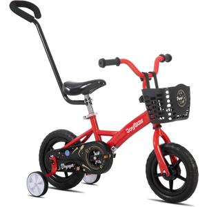 JOYSTAR 10 & 12 Inch Kids Bike for Boys and Girls Ages 1-4 Years, Toddler Bike with Training Wheels & Basket, Detachable Parent Push Handle, Kids Pedal Bike,Red