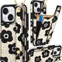 Petitian for iPhone 15 Plus Case with Wallet - Women Girls Cute Girly Aesthetic Unique Design with Leather Credit Card Holder Cardholder Stand Wristband for Apple 15 Plus, Black Flower