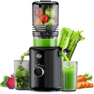 Cold Press Juicer Machine, 5-Inch Wide Chute Masticating Juicer, 1.2L Slow Juicer for Whole Fruits & Vegetables, Easy to Clean Electric Juice Extractor, Juice Maker with Recipe Guide, Black & Gray