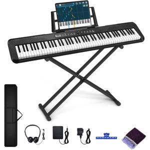 88 Key Keyboard Piano, Semi Weighted Electronic Digital Piano with Music Stand, Power Supply, Sustain Pedal, Stand, Bluetooth, Carrying Case, Headphones, USB-MIDI, Piano Lessons for Beginners
