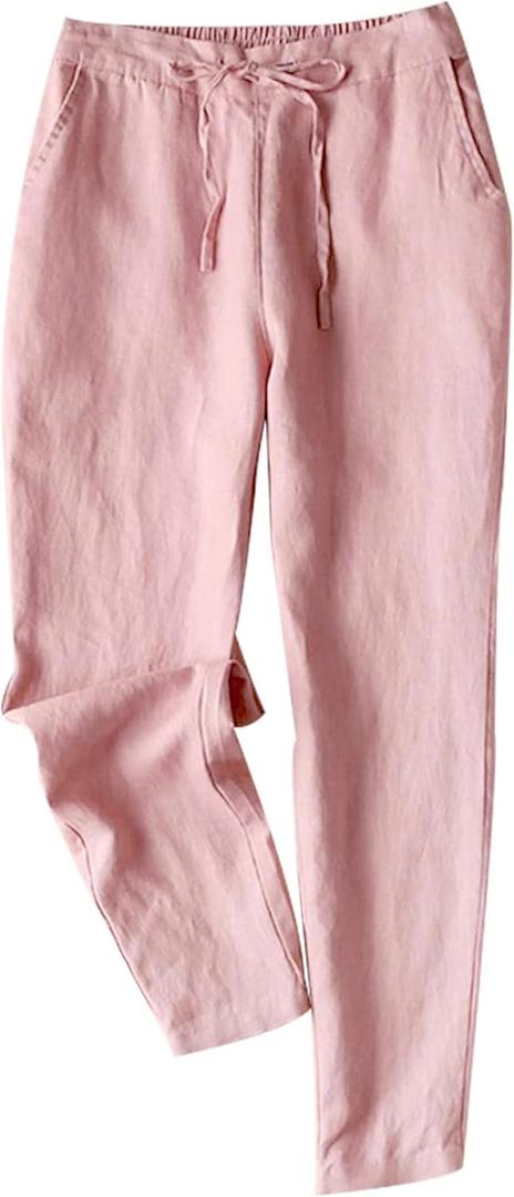 Tanming Linen Pants for Women Summer Casual High Waisted Drawstring White Beach Pant (Medium, Pink03)